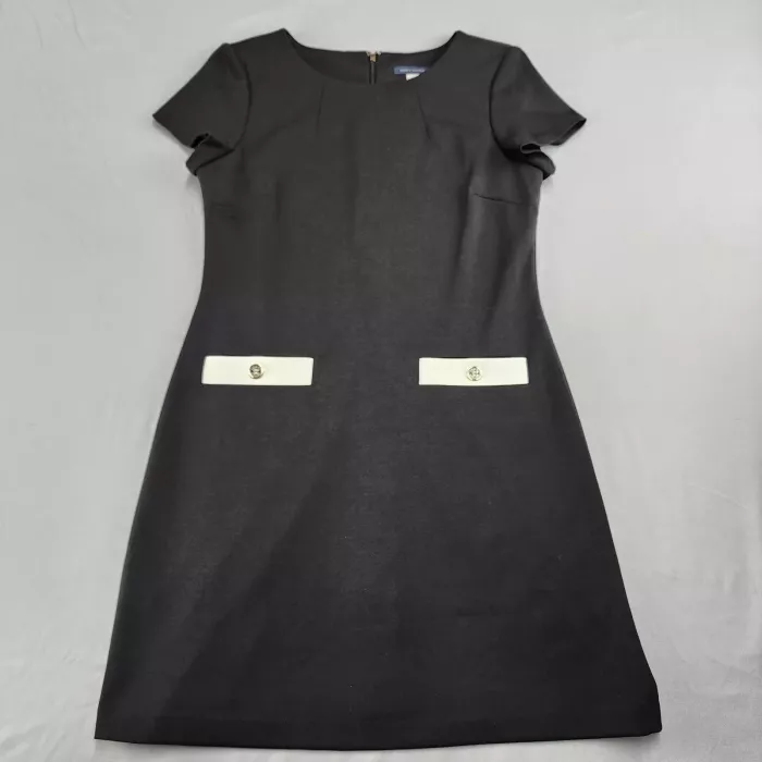 TOMMY HILFIGER Black Shift Dress Women's M Crew Neck Short Sleeve Gold Buttons - Front