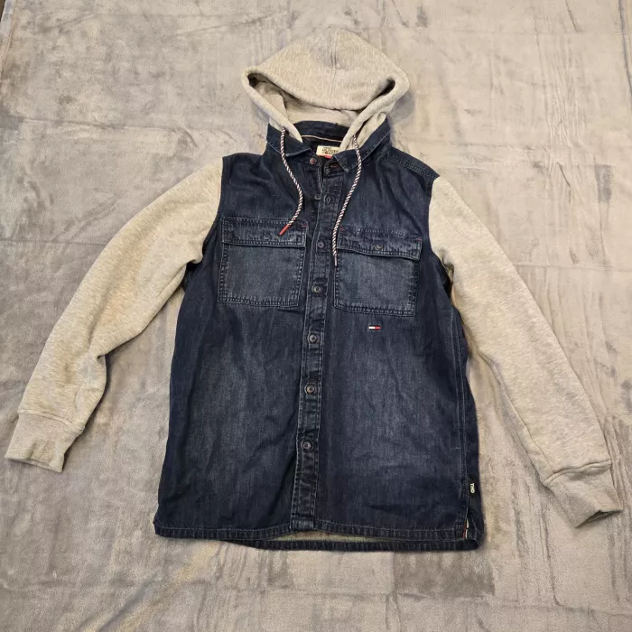 Tommy Hilfiger Denim Hooded Shirt Jacket Men's XS Dark Wash Blue Gray Shacket - Front