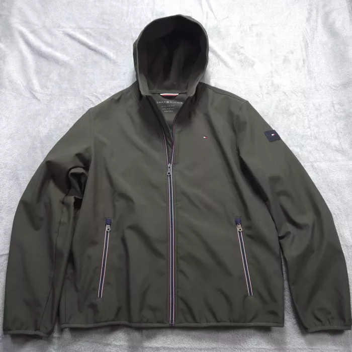 Tommy Hilfiger Soft Shell Jacket Men's XL Olive Green Hooded Fleece Lined Coat - Front