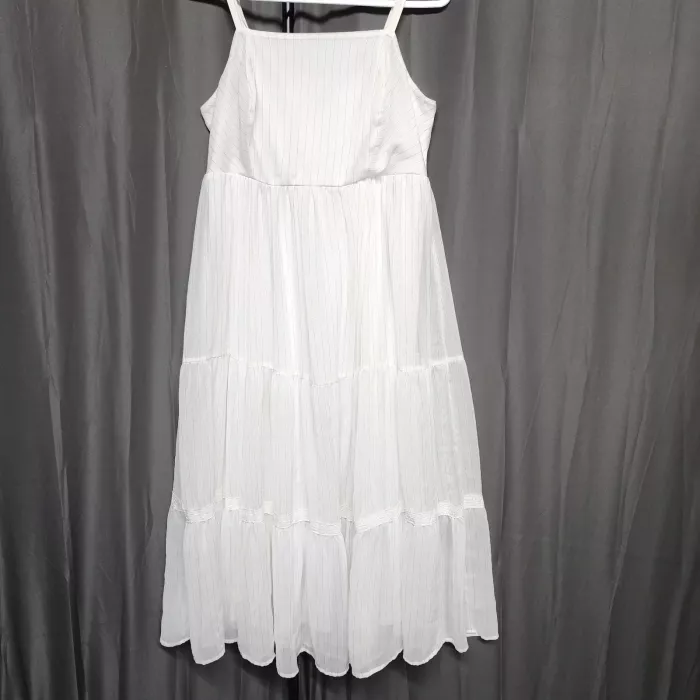 Torrid Size 00 M White Gold Striped Tiered Maxi Dress Smocked Spaghetti Strap - Front