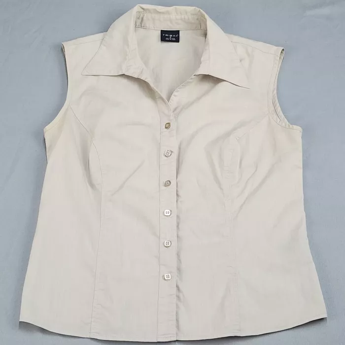 Tribal Women's Size 6 Beige Stretch Cotton Sleeveless Button Up Collared Blouse - Front
