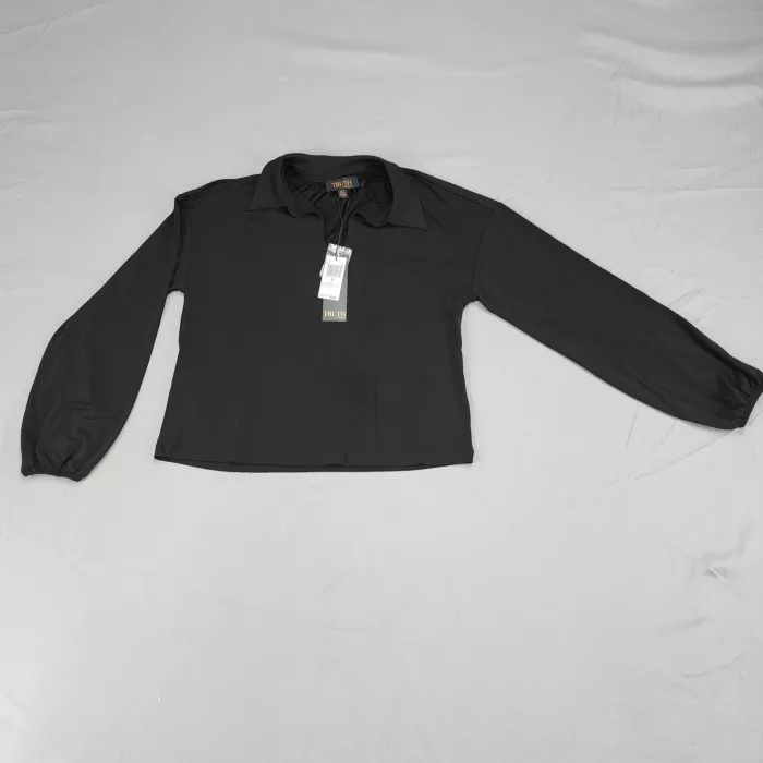 Truth By Republic Womens S Black V-Neck Collared Long Sleeve Polo Top Stretch - Front