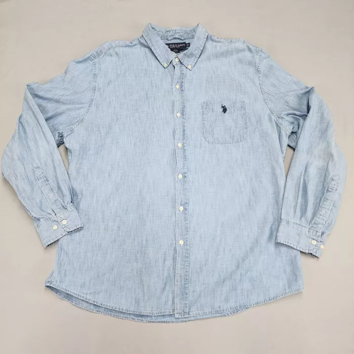 U.S. Polo Assn. Men's 2XL Blue Chambray Button Up Shirt Long Sleeve Cotton - Front