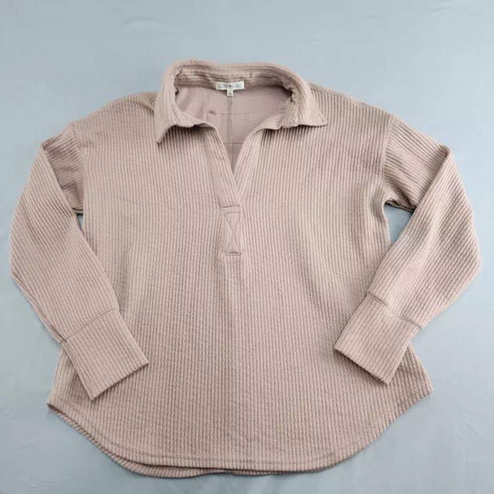 ULTRA FLIRT Women's M Mauve Ribbed Knit Collared V-Neck Pullover Top Long Sleeve - Front
