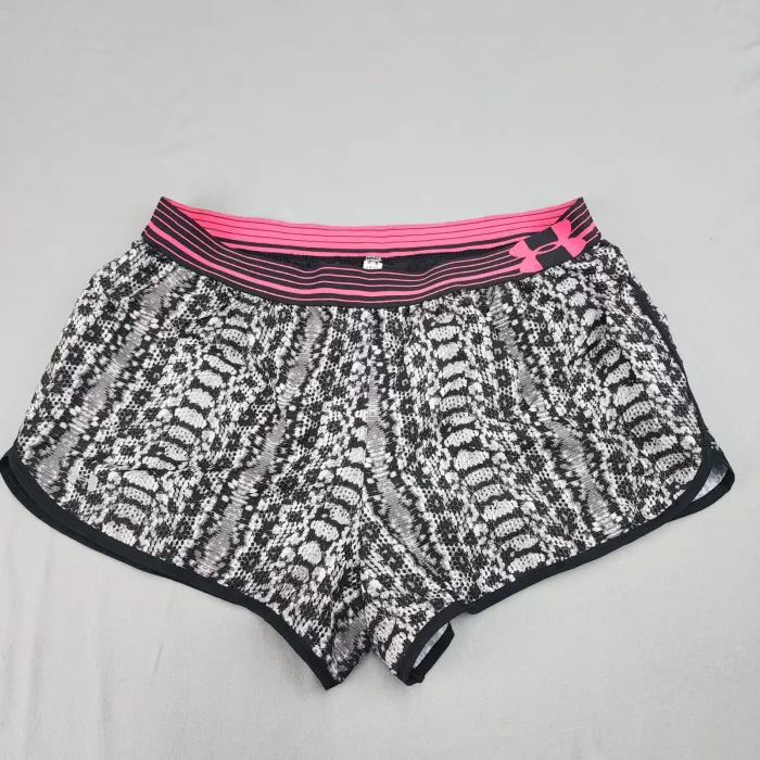 Under Armour HeatGear Athletic Shorts Womens L Black Pink Abstract 3in Inseam - Front