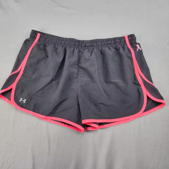 Under Armour HeatGear Womens L Shorts Gray Pink Breast Cancer Ribbon Athletic - Front