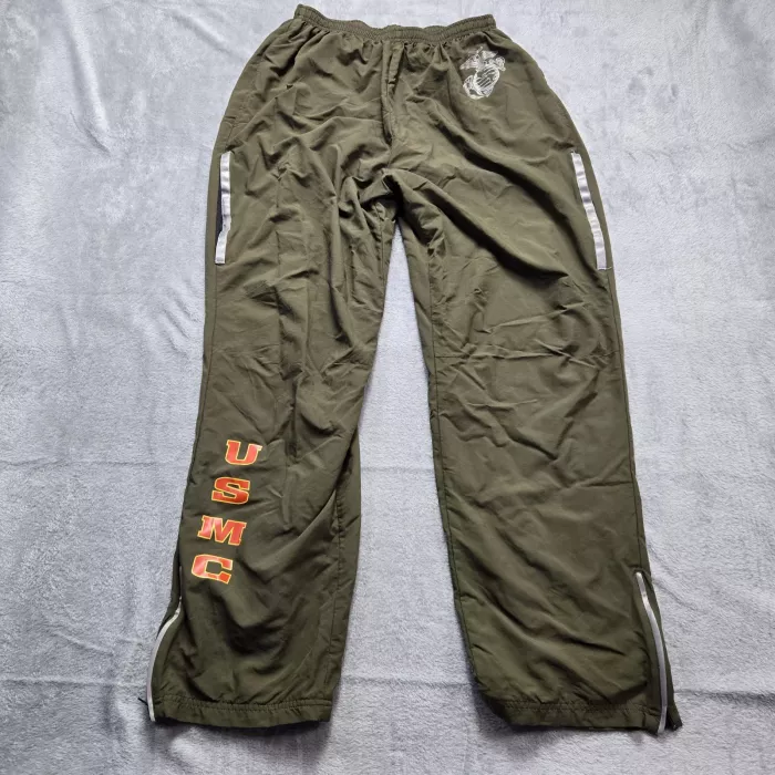 USMC Running Pants Men's Medium Olive Green Nylon Track PT Reflective Lined EGA - Front