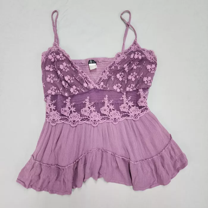 Venus Womens 16 Purple Lace Peplum Blouse Smocked Adjustable Strap V-Neck Top - Front