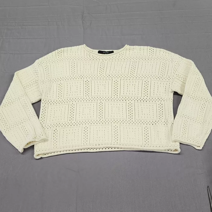 Vero Moda Womens M Ivory Pointelle Open Knit Crew Neck Pullover Sweater Cotton - Front