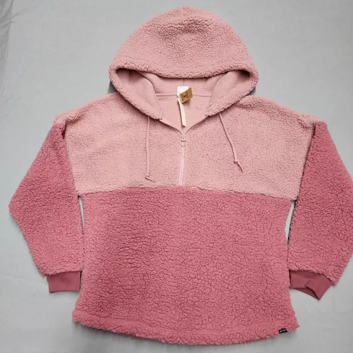 Victoria's Secret PINK Sherpa Fleece Half Zip Hoodie Pink Colorblock Womens S - Front