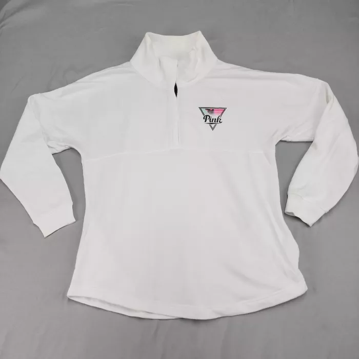 Victoria's Secret PINK Sweatshirt Womens M White Quarter Snap Graphic Pullover - Front