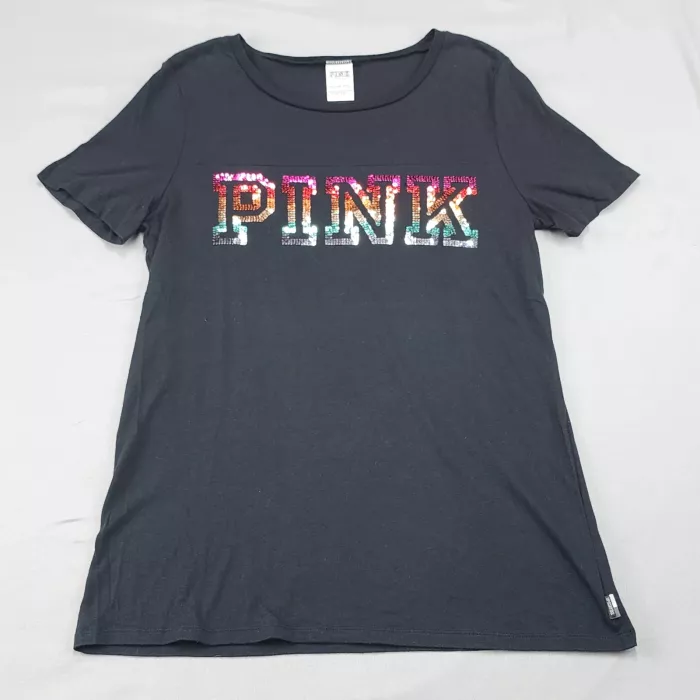 Victoria's Secret Pink T-Shirt Women's L Black Rainbow Sequin Logo Short Sleeve - Front