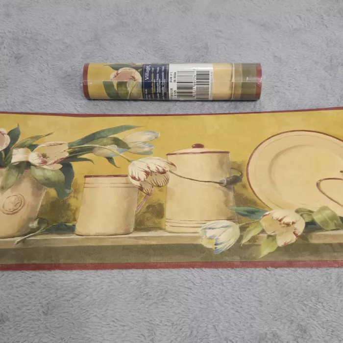 Village Country Kitchen Floral Yellow Wallpaper Border New Prepasted Vinyl - Main