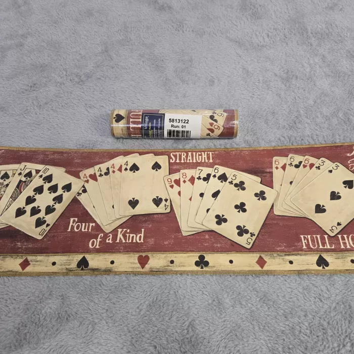 Village Poker Cards Burgundy Wallpaper Border Prepasted Vinyl New - Main