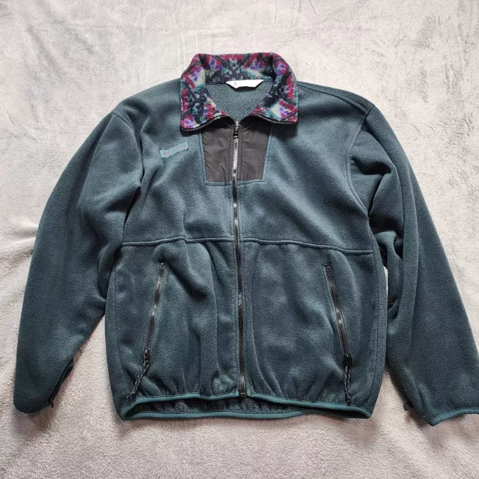 Vintage Columbia Fleece Jacket Men's Medium Teal Green 90s USA Geometric Full Zip - Front
