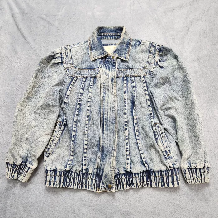 Vintage Gitano Denim Jacket Women's Large Acid Wash Blue Bomber Puff Sleeve 80s - Front