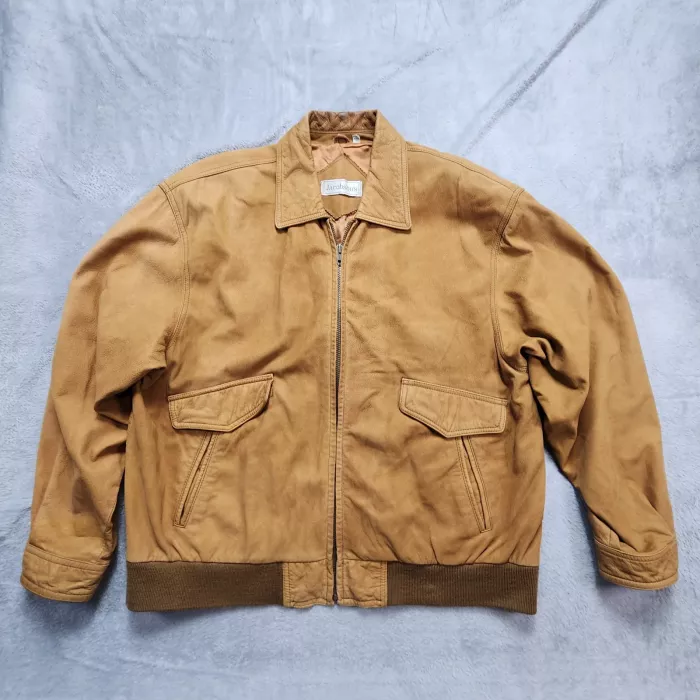 Vintage Jacobson's Leather Bomber Jacket Men's Large Tan Zip Flight Aviator Coat - Front
