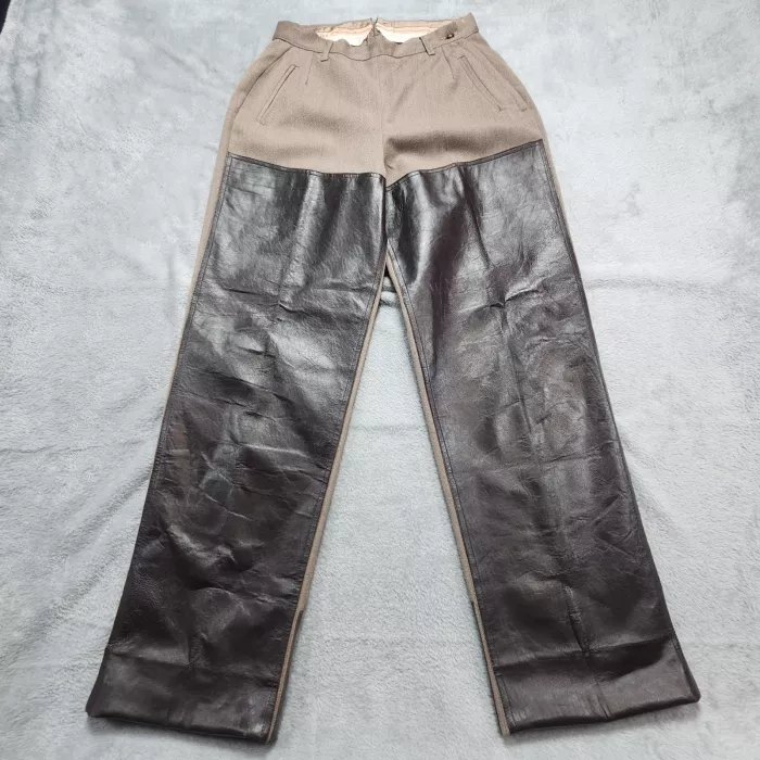 Vintage Saks Fifth Avenue Pants 14 Brown Wool Leather Panel High Rise Straight - Front
