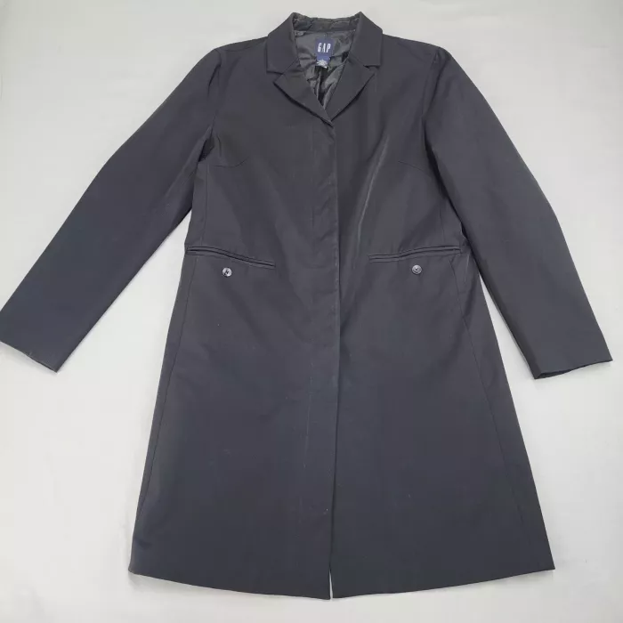 Vintage Y2K Gap Womens L Black Nylon Stretch Car Coat Hidden Button Overcoat - Front