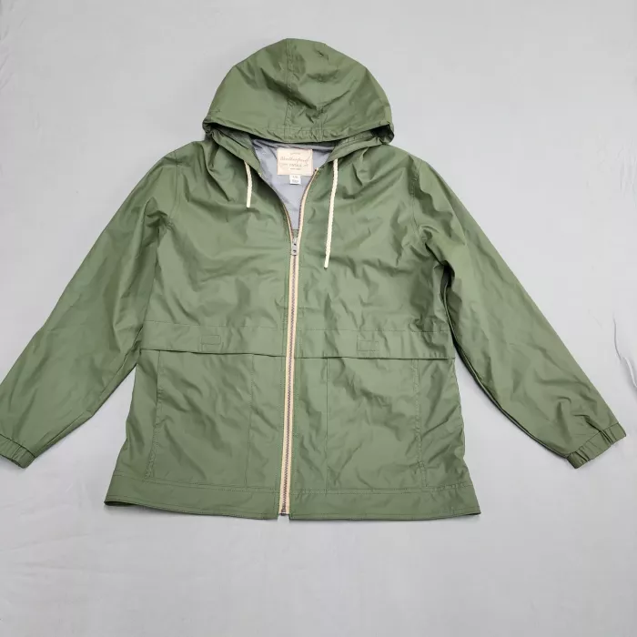 Weatherproof Vintage Womens Rain Coat L Olive Green Hooded Full Zip Jacket - Front