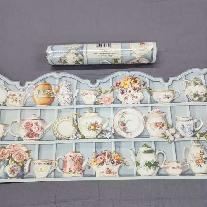 Westchester Blue Country Teapot Floral Wallpaper Border Prepasted Vinyl Sealed - Main
