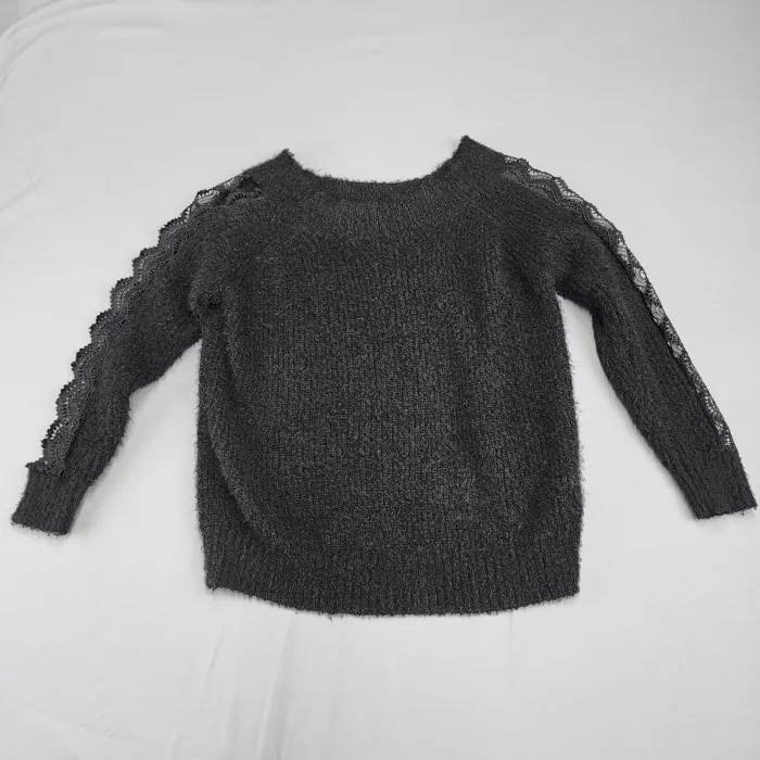 willow + root Off Shoulder Lace Trim Fuzzy Knit Sweater Dark Gray Women's M - Front
