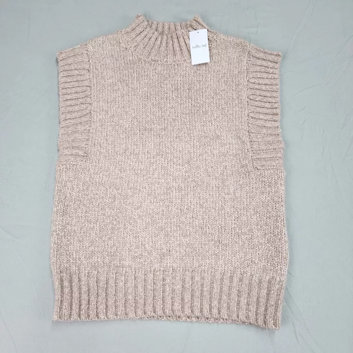 Willow Root Womens L Beige Mock Neck Knit Sweater Vest Sleeveless Pullover - Front