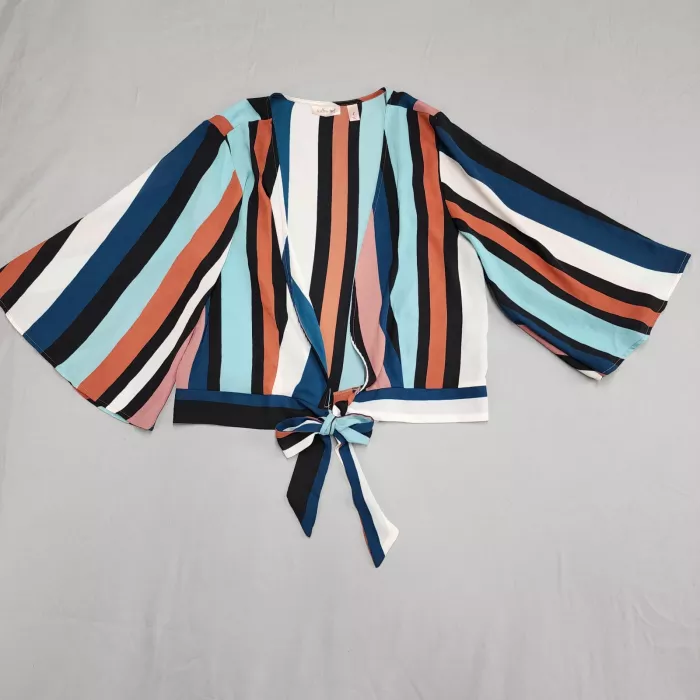 Willow + Root Womens L Multicolor Striped Tie Front Bell Sleeve Blouse Top - Front