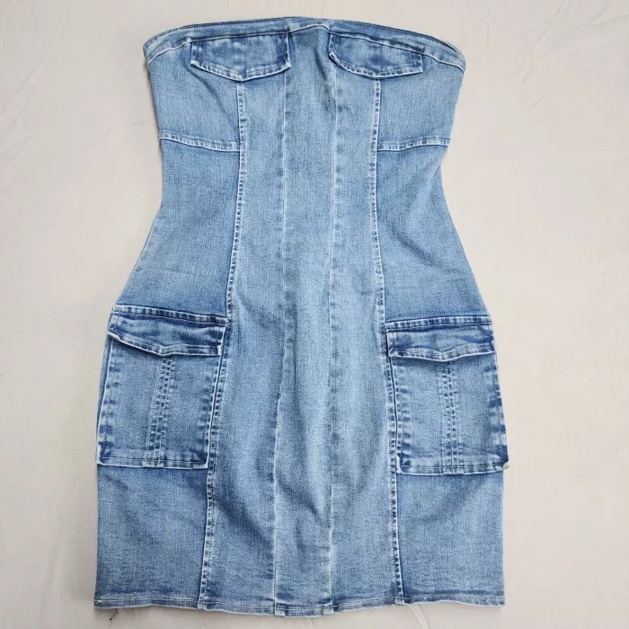 Windsor Strapless Denim Bodycon Dress Womens L Blue Cargo Pockets Stretch Mini - Front
