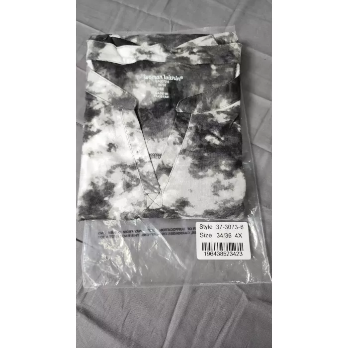 Woman Within Plus Size 4X Top Black White Tie Dye Split V Neck Knit Shirt - Main