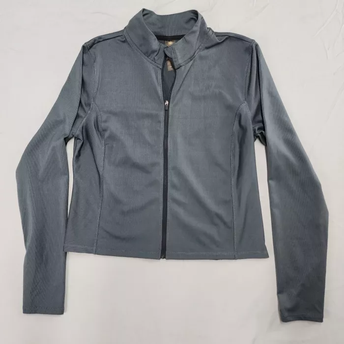 Women's Track Jacket Size L Gray Ribbed Knit Full Zip Stretch Thumbholes - Front