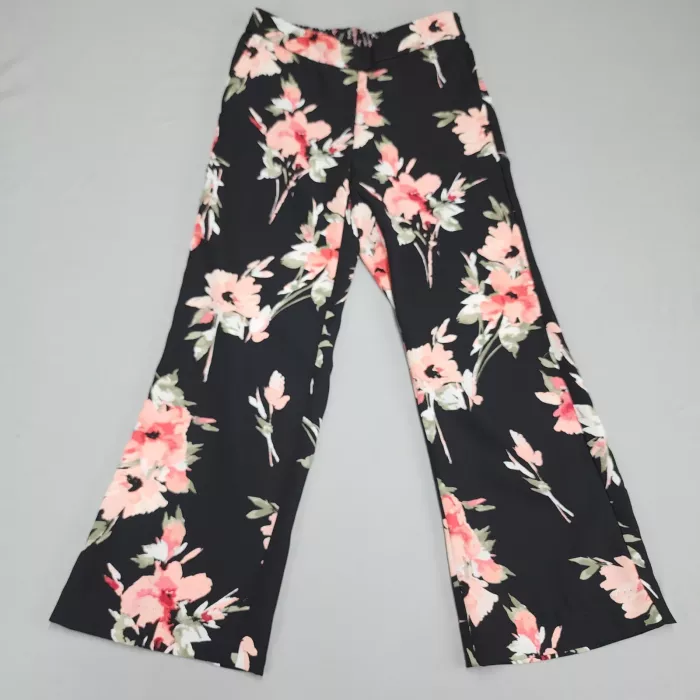 Womens Black Floral Wide Leg Pants Size 4 Pull On Elastic Waist - Front