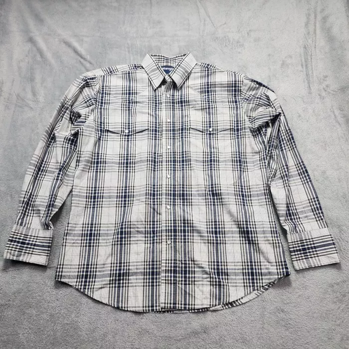 Wrangler Western Shirt Men's L Pearl Snap Plaid Blue White Long Sleeve Cotton - Front