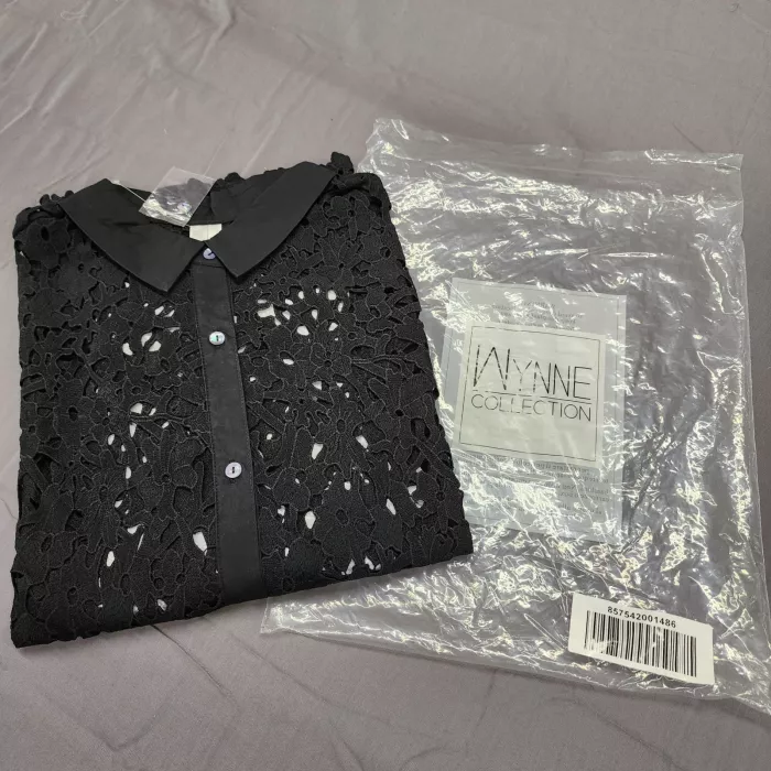 Wynne Collection Womens 3X Black Lace Blouse Short Sleeve Button Up Sheer Top - Main