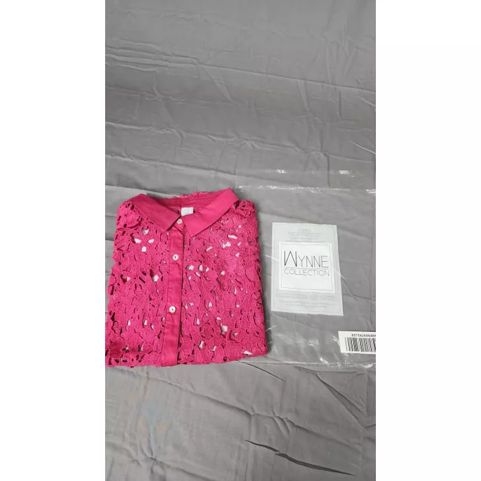 Wynne Collection Womens 3X Pink Lace Button Front Collared Short Sleeve Blouse - Main