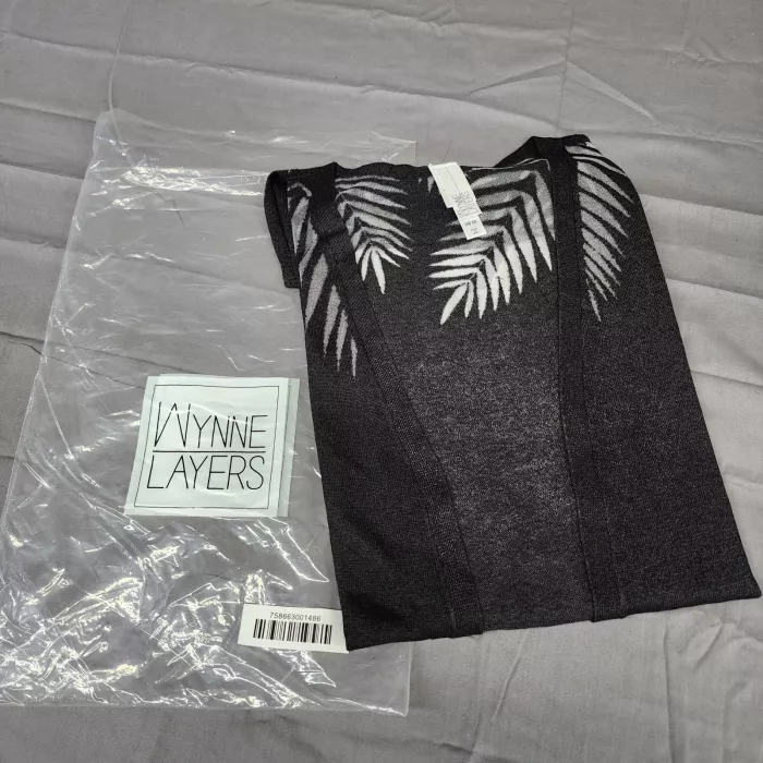 Wynne Layers 3X Plus Black Palm Leaf Print Short Sleeve Open Front Cardigan - Main