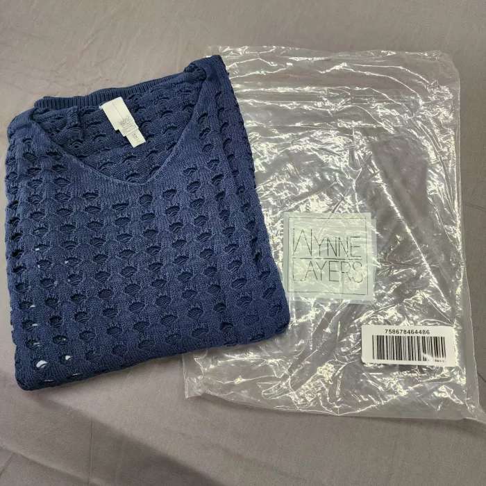 Wynne Layers Women's 3X Blue Cotton Open Knit Short Sleeve Pullover Sweater - Main
