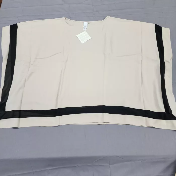 WynneLayers Plus 3X Beige Black Colorblock Crepe Poncho Blouse Top Sheer Trim - Front