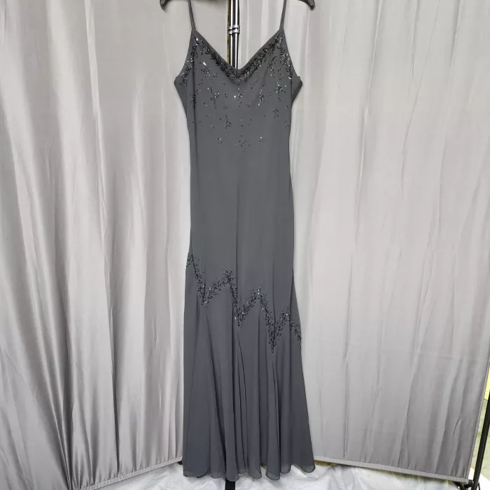 XSCAPE By Joanna Chen Beaded Mermaid Maxi Formal Dress Women's 12 Gray V-Neck - Front
