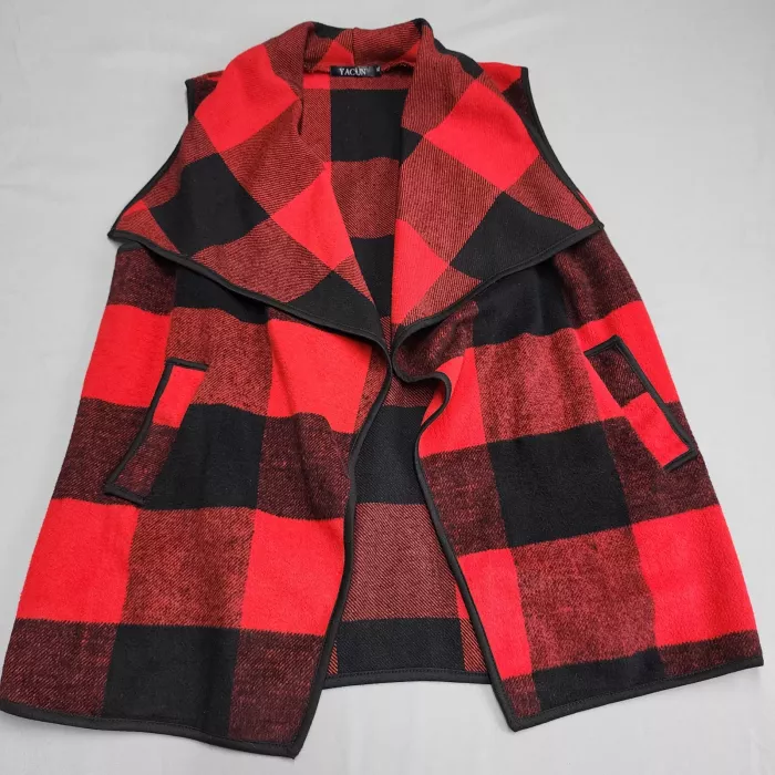 Yacun Womens Vest XL Red Black Buffalo Plaid Drape Open Front Knit Pockets - Front
