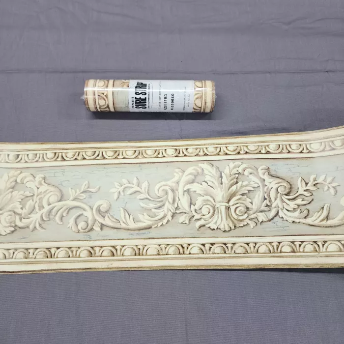York Acanthus Scroll Beige Blue Wallpaper Border Prepasted Sure Strip New - Main