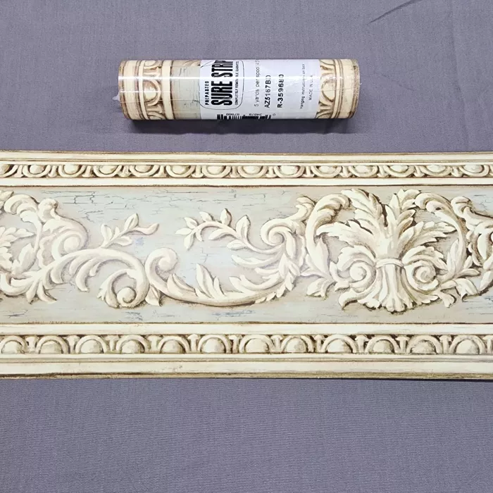 York Acanthus Scroll Beige Blue Wallpaper Border Prepasted Sure Strip Sealed - Main