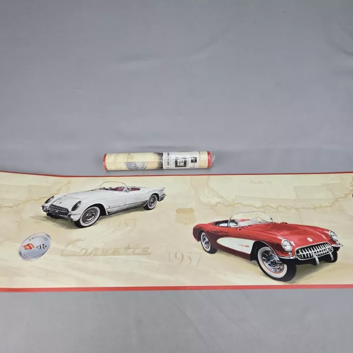 York Corvette Route 66 Retro Wallpaper Border Prepasted SureStrip New Sealed - Main