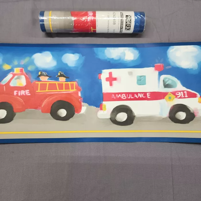 York Fire Rescue Kids Wallpaper Border Blue Red Prepasted New Sealed KZ4245B - Main