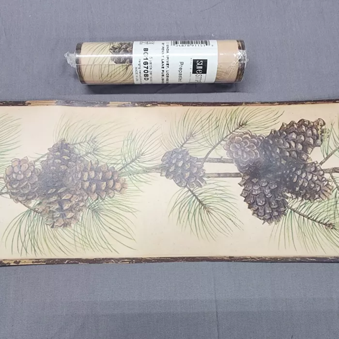 York Pinecone Botanical Border Sure Strip Prepasted Beige Green New Sealed - Main