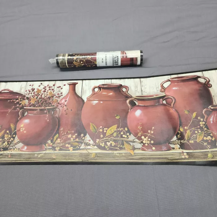 York Rustic Botanical Clay Pot Wallpaper Border Prepasted Vinyl New Sealed - Main
