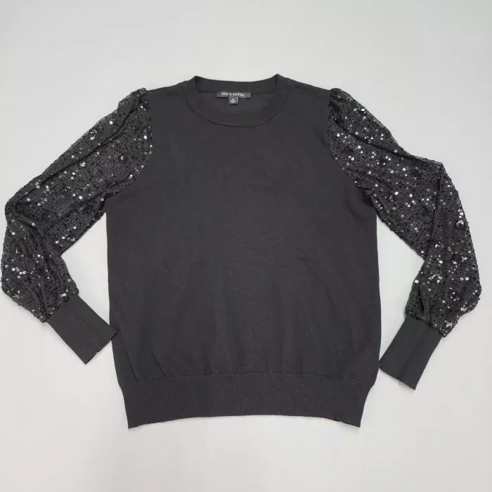 Zac & Rachel Womens Sweater Medium Black Sequin Sleeve Pullover Crew Neck - Front