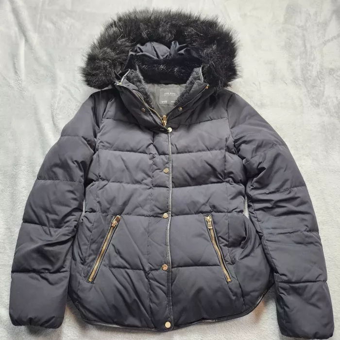 Zara Basic Puffer Jacket Women's Small Black Quilted Faux Fur Hood Gold Zip Coat - Front