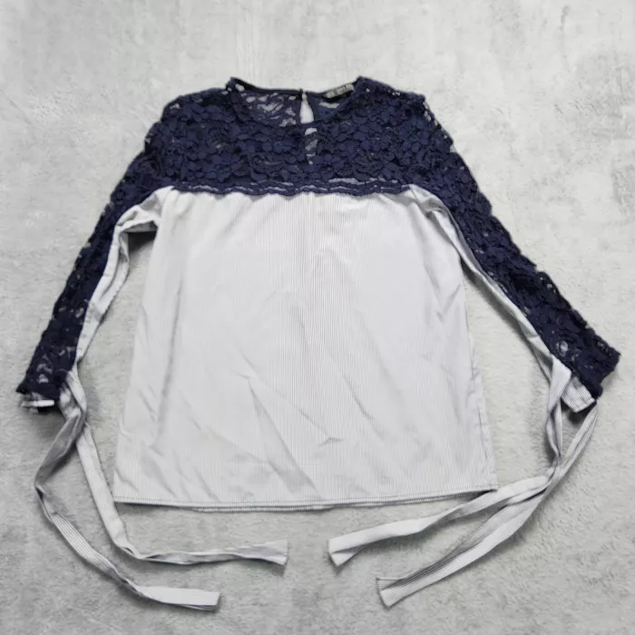 Zara Blouse Women's S Navy Blue White Striped Lace Yoke Tie Cuffs Long Sleeve - Front