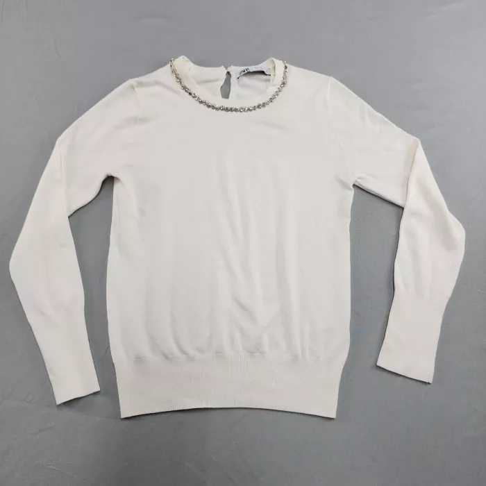 ZARA Women's L Off-White Embellished Crew Neck Pullover Sweater Long Sleeve - Front